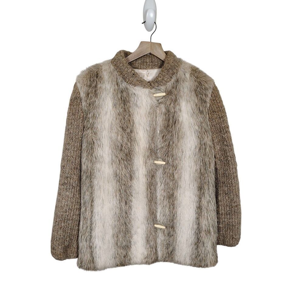 D’Esprit Womens Vintage 70s Faux Fur Toggle Knit Coat Size Small Medium USA Made